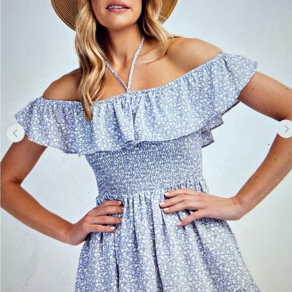 easel Tops - Easel Blue and White Smocked Ruffled Sleeveless Blouse